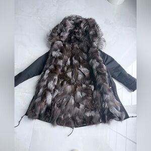 $2400 Black hooded 100% silver fox lined jacket coat S/M